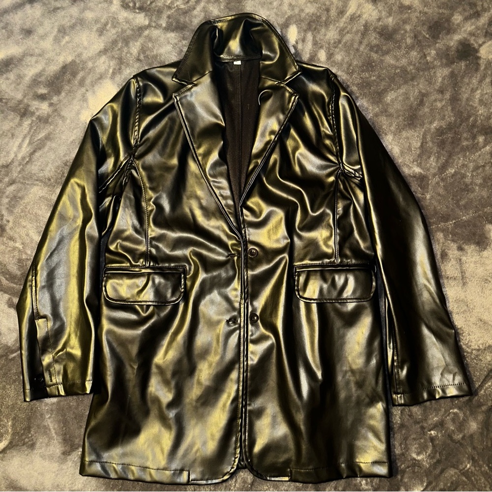 Black Pleather Blazer Jacket - Size Large - Button Cuffs - Chic Faux Leather